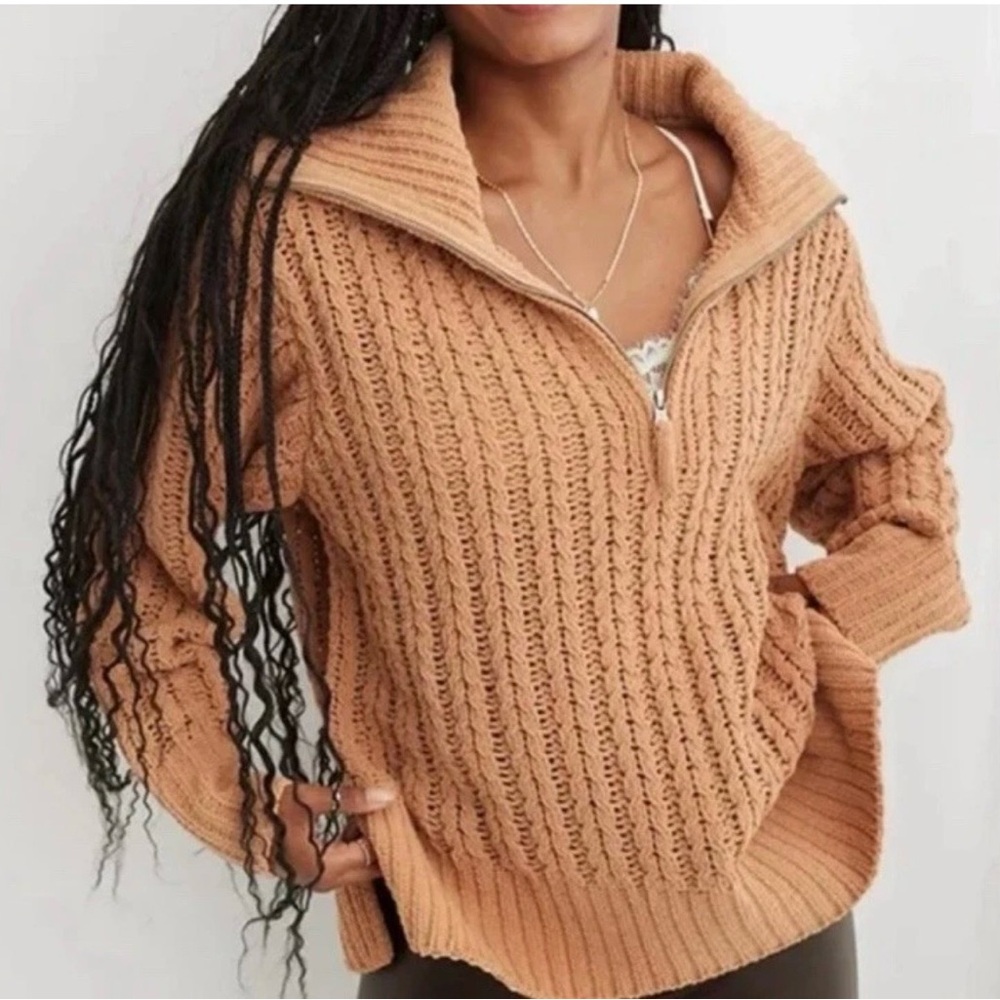 Aerie Cable Car Quarter Zip Knit Sweater Chunk Pullover Size Large Tan